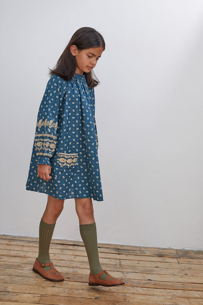 Apolina Meera Children's Embroidered Dress Pansy Garden Lake Blue / BIEN BIEN bienbienshop.com