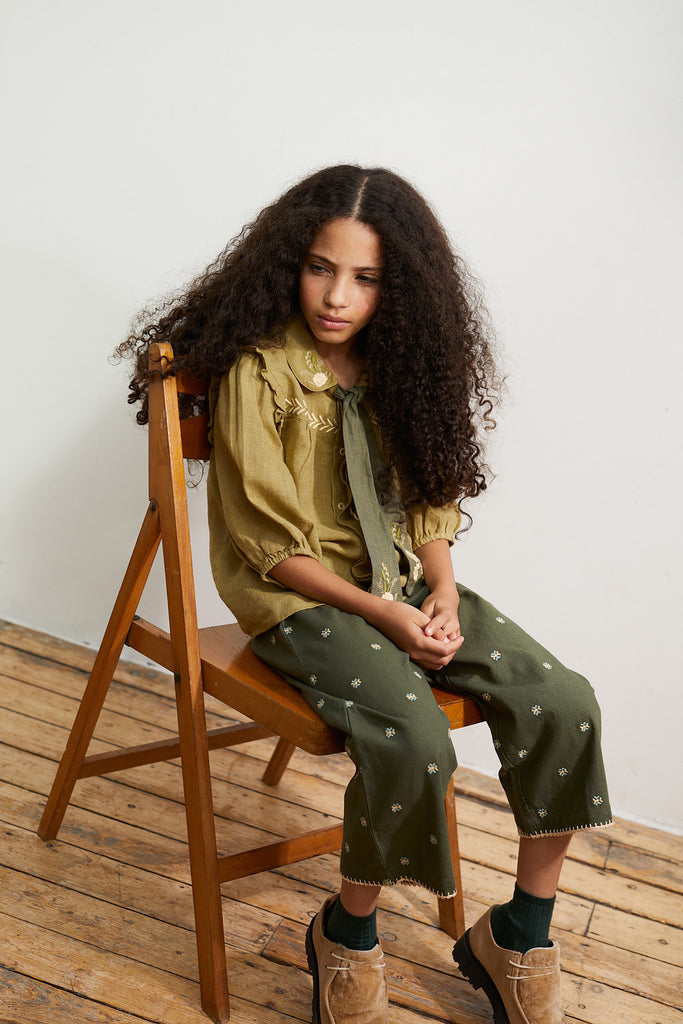 Apolina Molly Children's Embroidered Trousers Forest Green / BIEN BIEN bienbienshop.com