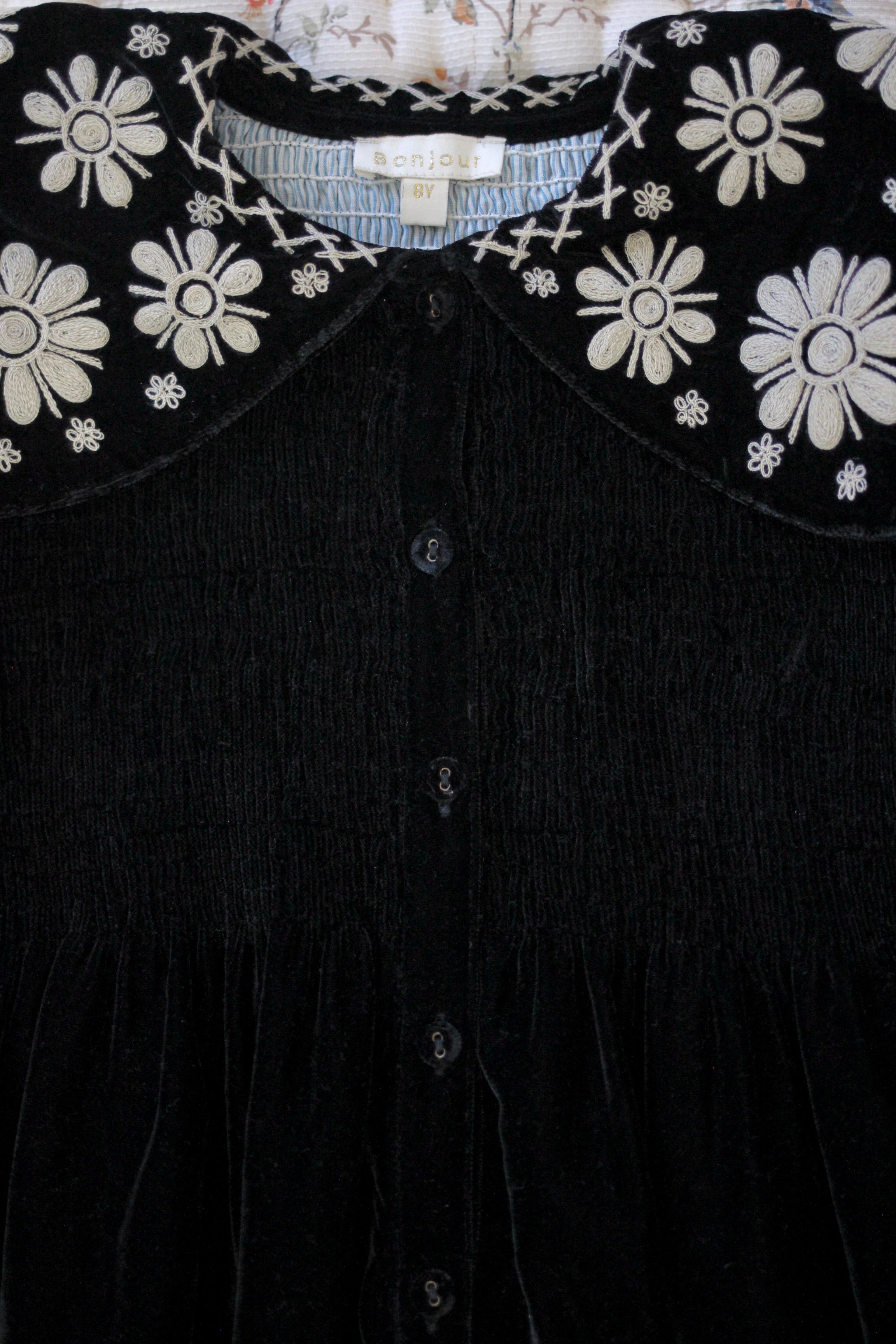 Bonjour Kid's Sun Flower Embroidered Collar Tunique Black Velvet | BIEN BIEN bienbienshop.com
