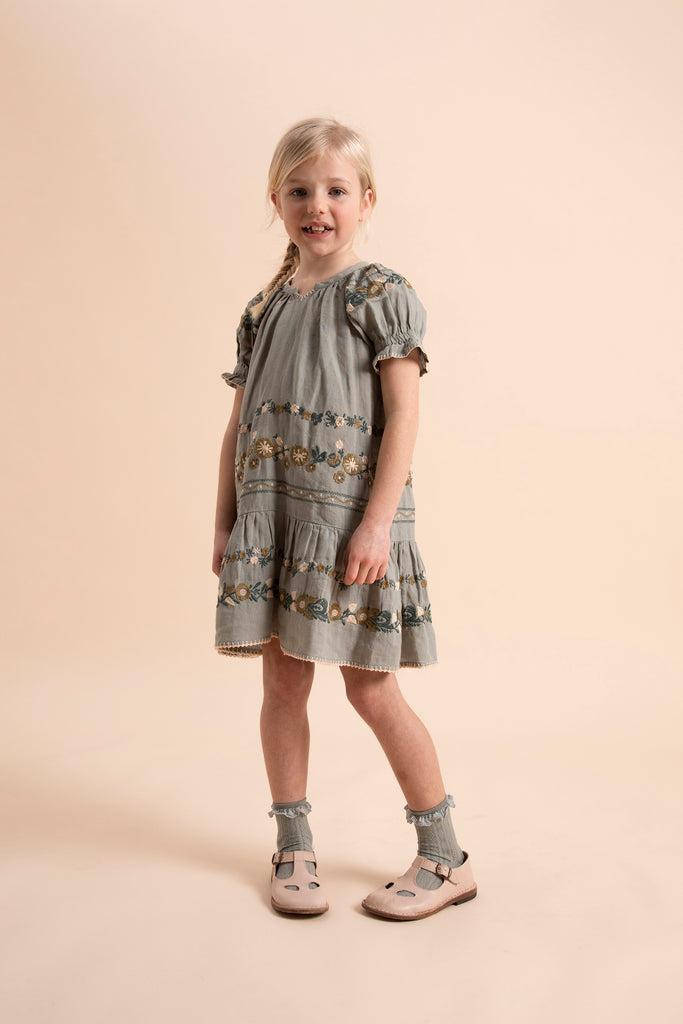NEW Apolina Ara Children's Embroidered Dress Pebble | BIEN BIEN bienbienshop