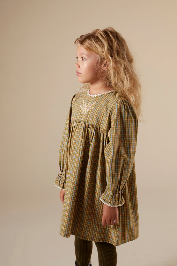 Apolina Rosemary Embroidered Kid's Long Sleeve Dress Forester Check Fern | BIEN BIEN bienbienshop.com