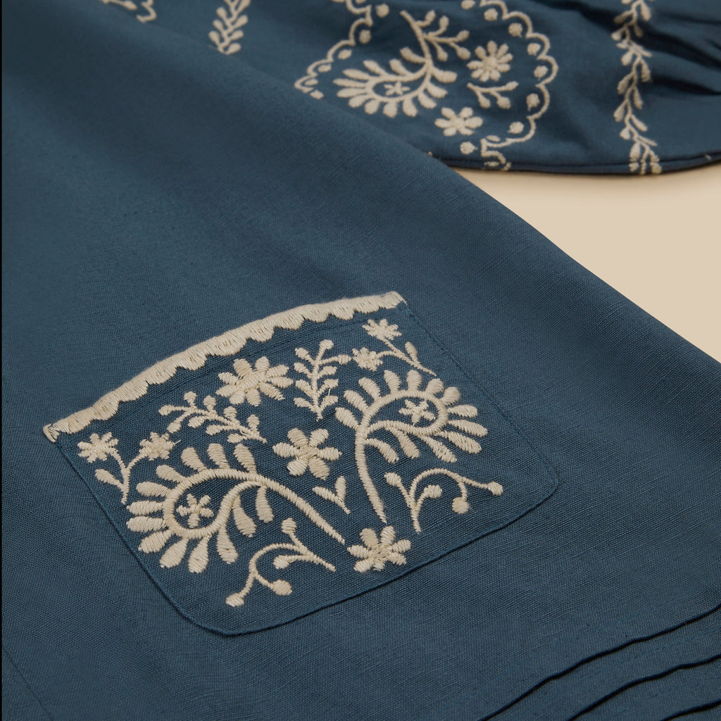 Apolina Samira Kid's Dress Marine Dark Blue Natural Embroidery | BIEN BIEN bienbienshop.com