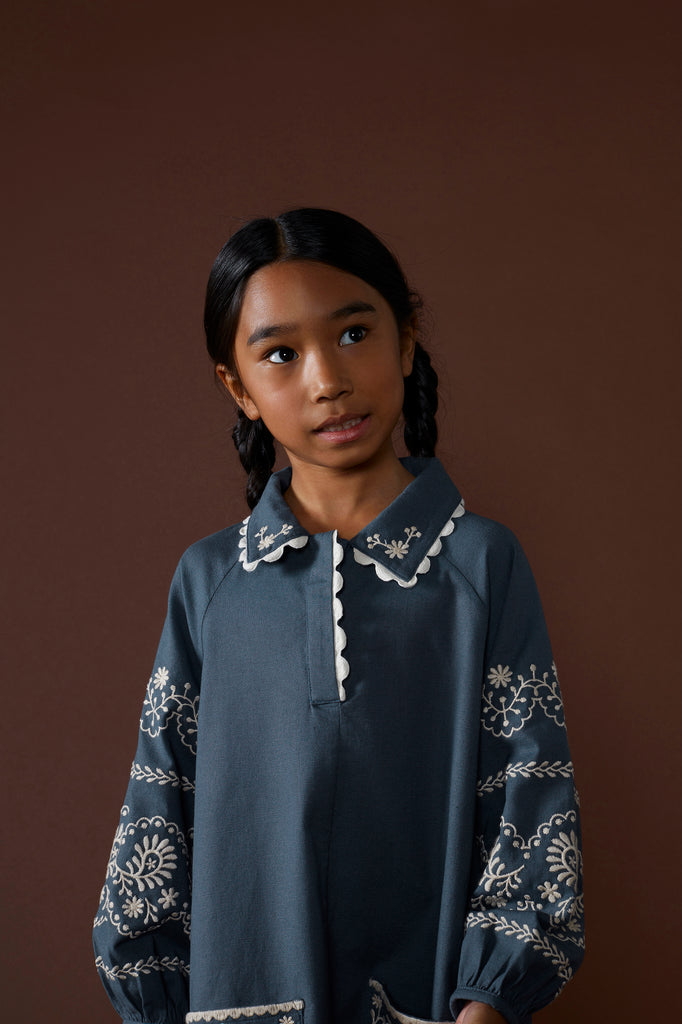 Apolina Samira Kid's Dress Marine Dark Blue Natural Embroidery | BIEN BIEN bienbienshop.com