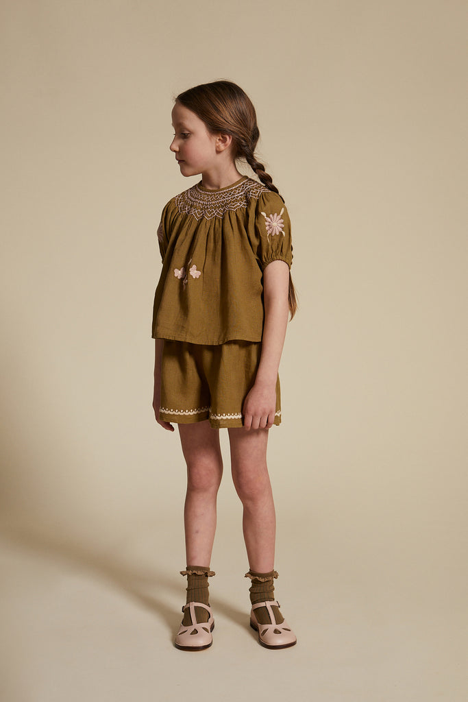 NEW Apolina Cece Kid's Embroidered Blouse & Shorts Set Olive Linen | BIEN BIEN bienbienshop.com