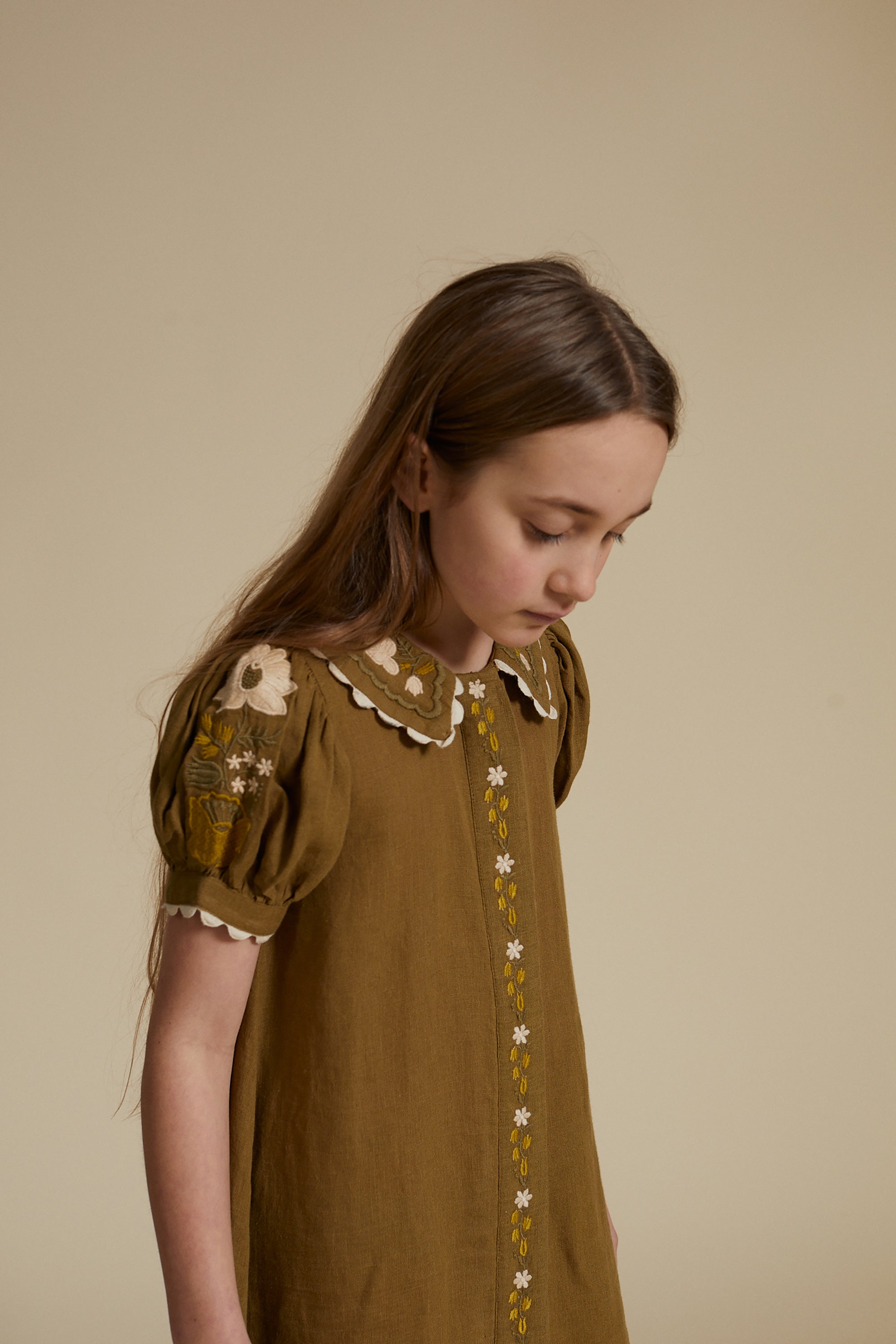NEW Apolina Hedi Kid's Embroidered Shirtdress Olive | BIEN BIEN