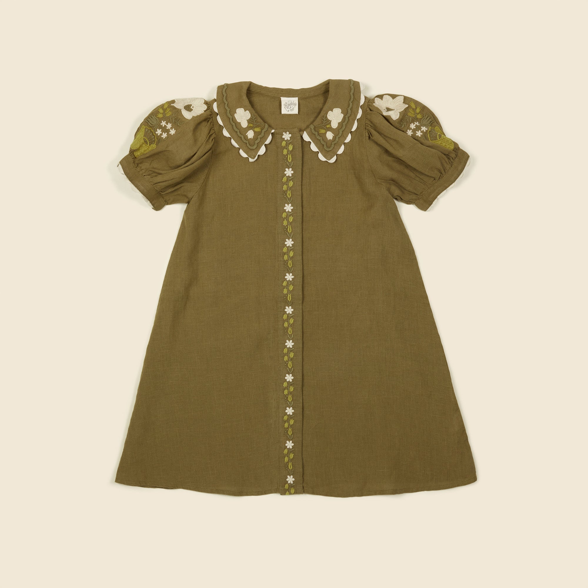 NEW Apolina Hedi Kid's Embroidered Shirtdress Olive | BIEN BIEN