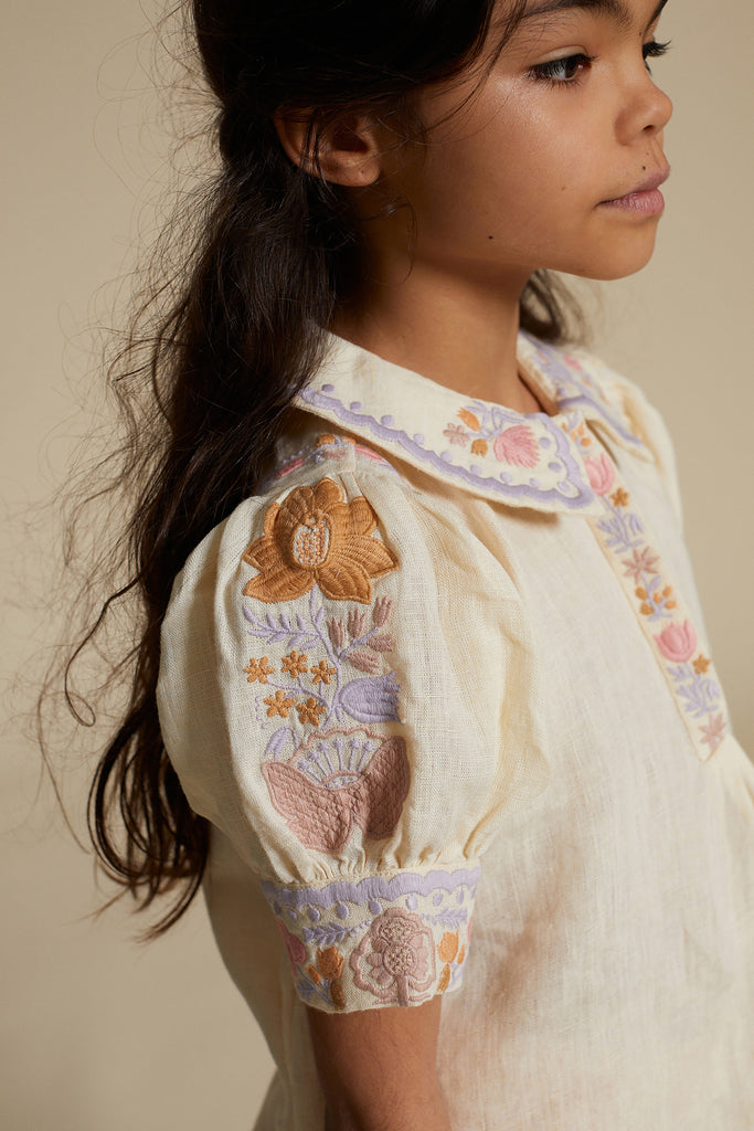 Apolina Hedda Kid's Short Sleeve Embroidered Blouse Magnolia Ivory | BIEN BIEN bienbienshop.com