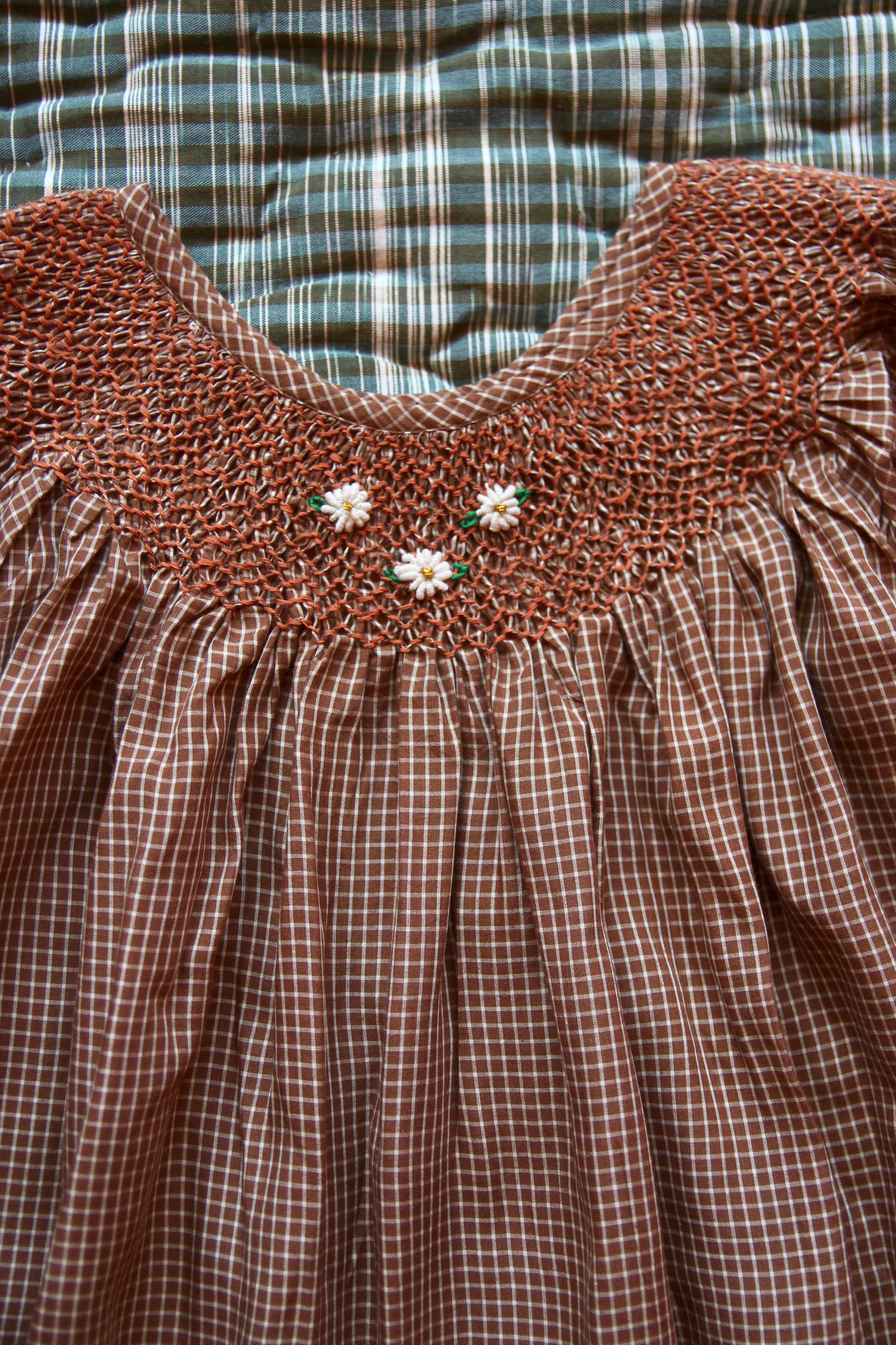 Bonjour Butterfly Balloon Sleeve Smocked Embroidered Girl's Dress Caramel Brown Check | BIEN BIEN bienbienshop