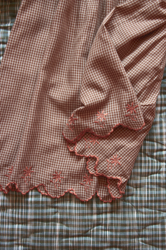 Bonjour Butterfly Balloon Sleeve Smocked Embroidered Girl's Dress Caramel Brown Check | BIEN BIEN bienbienshop