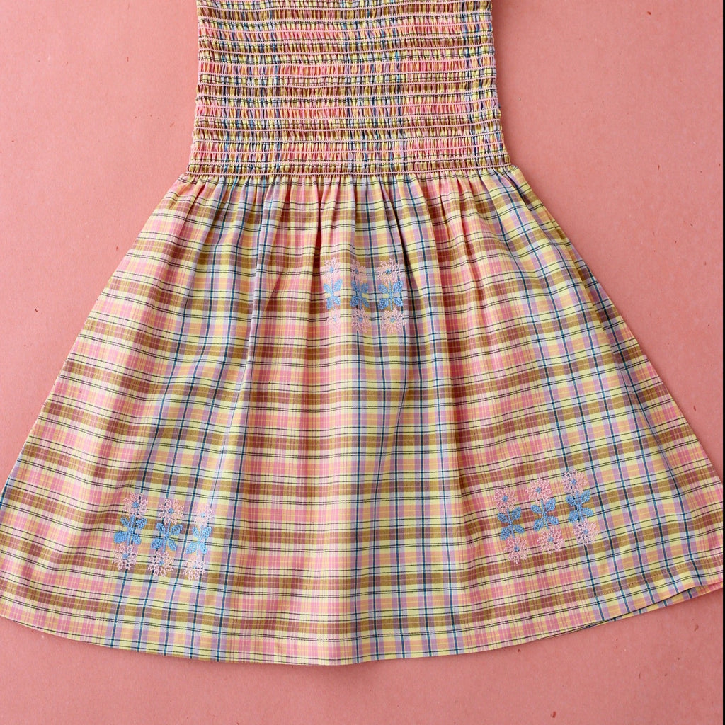 Bonjour Embroidered Kid's Long Skirt Dress & Hair Bow Rainbow Check | BIEN BIEN bienbienshop.com
