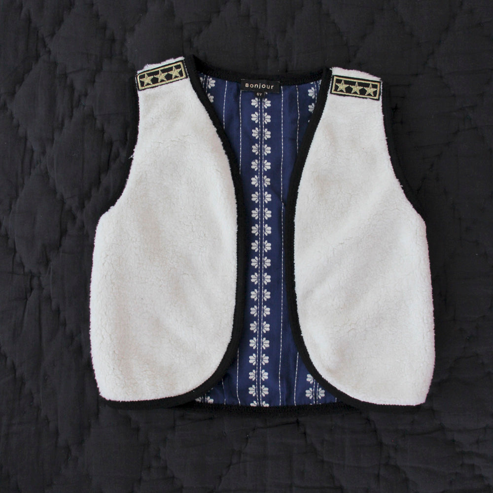 SALE Bonjour Reversible Baby & Kid's Vest Indigo Jacquard / Ecru Shearling | BIEN BIEN bienbienshop.com