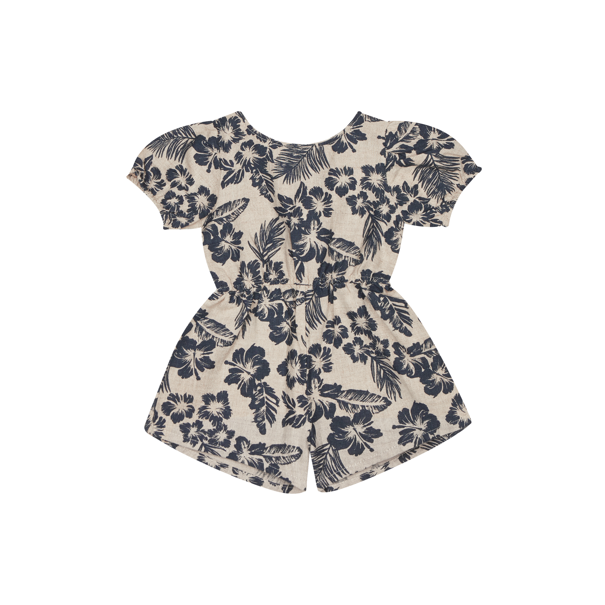 The New Society Hibiscus Baby Short Romper Navy / Sand Linen Cotton | BIEN BIEN bienbienshop.com