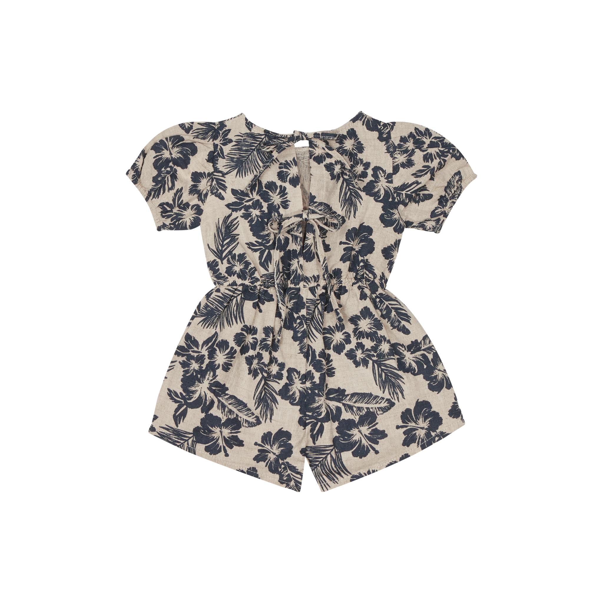The New Society Hibiscus Baby Short Romper Navy / Sand Linen Cotton | BIEN BIEN bienbienshop.com